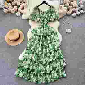 Robe florale romantique vintage pour femme, manches bouffantes, taille cintrée, design chic et haut de gamme, robe à volants pour l'été - Product Image 6