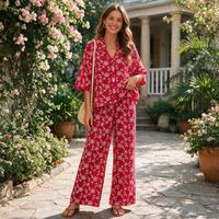 Ensemble de 2 pièces pour femmes, imprimé floral d'été, chemise à manches courtes boutonnée, pantalon large, ensemble assorti décontracté pour les vacances