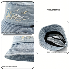 Washed Denim <b>Bucket</b> <b>Hat</b> with Mountain Embroidery, Sun Protection Wide Brim Sun <b>Hat</b> <b>for</b> Men <b>Women</b> - Product Image 5