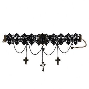Creative Punk Style Cross Lace Necklace Dark Retro Niche Link Chain <b>Choker</b> Alloy Pearl Trendy Lolita Clavicle Neck Strap - Product Image 4