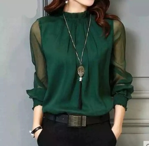 Blusa informal de Chifón con manga larga para trabajo, camisa elegante con cuello levantado para mujer - Product Image 2