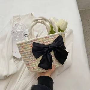 กระเป๋าฟางสานสำหรับผู้หญิง, ทรงถังหวายสไตล์เรโทร2024ขนาด28*11*15ซม. กระเป๋าสานใหม่กระเป๋าถือชายหาด - Product Image 4