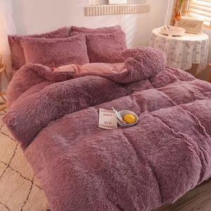 Juego de sábanas de color sólido rojo de bajo <span class=keywords><strong>precio</strong></span>, funda nórdica lujosa de piel sintética de lana, fundas de almohada, juego de cama, juegos de edredón rojo - Product Image 5