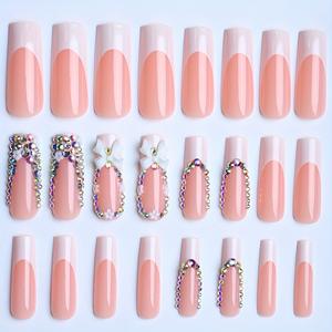 24 <span class=keywords><strong>Uñas</strong></span> Postizas Rosadas con Diseño de Flor Francesa y Lazo, <span class=keywords><strong>Uñas</strong></span> Postizas Largas Tipo Ballet Coffin con Cobertura Completa y Lazo, Puntas de <span class=keywords><strong>Uñas</strong></span> Artificiales - Product Image 2
