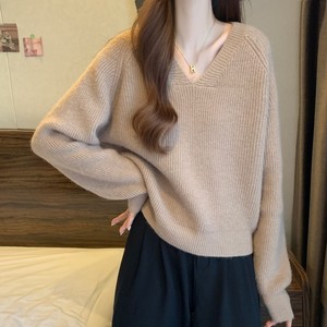 Maglione Pullover da Ragazza in Stile Coreano Morbido e Cucinato, Lavorato a <span class=keywords><strong>Maglia</strong></span>, Autunno Inverno, Vestibilità Ampia e Comoda, Scollo a V, Tinta Unita, Poliestere Spandex - Product Image 2