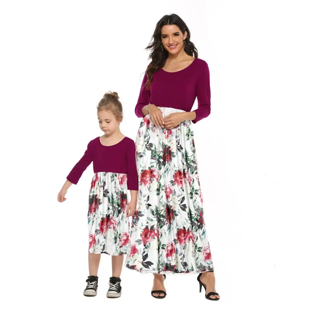 Neue nähte Burgund Mutter und Tochter 3/4 sleeve floral print kleid Passenden Mom Mädchen Kleidung Kleid Prinzessin frauen casual