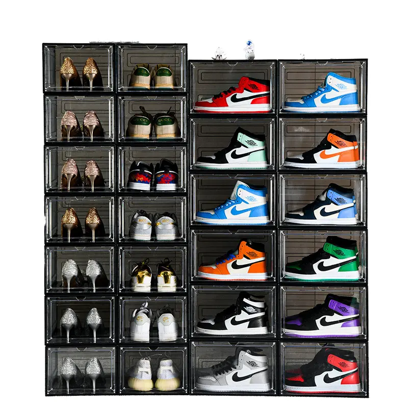 Custom Black Clear Acrylic Magnetic Storage Shoe Box Stackable Transparent Plastic Packaging Container Shoe Organiser