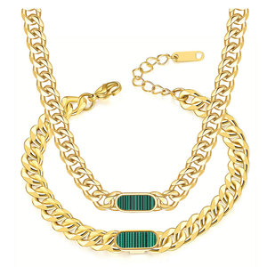 Stainless Steel Cuban Chain <b>Bracelet</b> And Necklace <b>Set</b> 18K Gold Plated 7Mm Inlaid Shell Fashion Jewelry For Women - Product Image 4