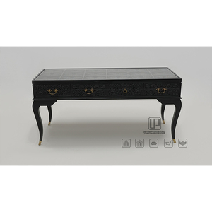 Table de toilette de luxe avec plateau en verre, ensemble de table basse rectangulaire en bois noir avec pieds courbes pour salon, table de toilette avec plateau en verre - Product Image 3