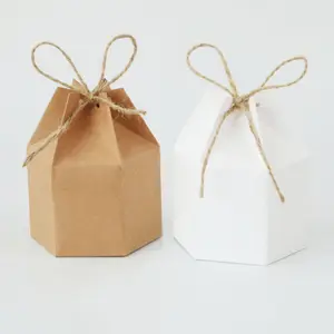 Hexagon Chocolate Cookie Snack Candy Box Small Folding Kraft Paper Wedding Gift Box Packaging With Ribbon