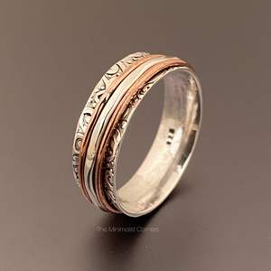 925 Sterling <b>Silver</b> Two Tone Spinner Ring Handmade Ethnic Wedding Ring Unisex Classic Style Certified Anxiety Fidget Ring - Product Image 2