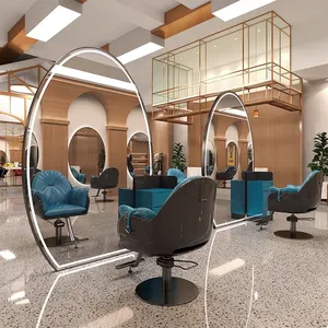 Black Round Salon Mirror Single Sided Barber Shop Wall Mirrors Modern Simple Salon Station With Led Lighting