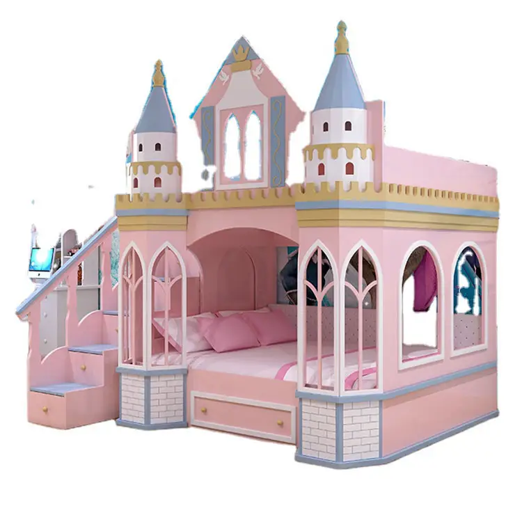 Litera de Castillo de princesa de ensueño para dormitorio de niños, mueble de dosel de madera blanca con escaleras para el hogar