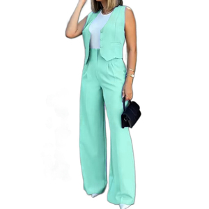 Ensemble 2 pièces pour femme, veste sans manches et pantalon, couleur unie, respirant, boutonné, tendance, idéal pour l'entraînement ou comme costume formel - Grande Vente - Product Image 3