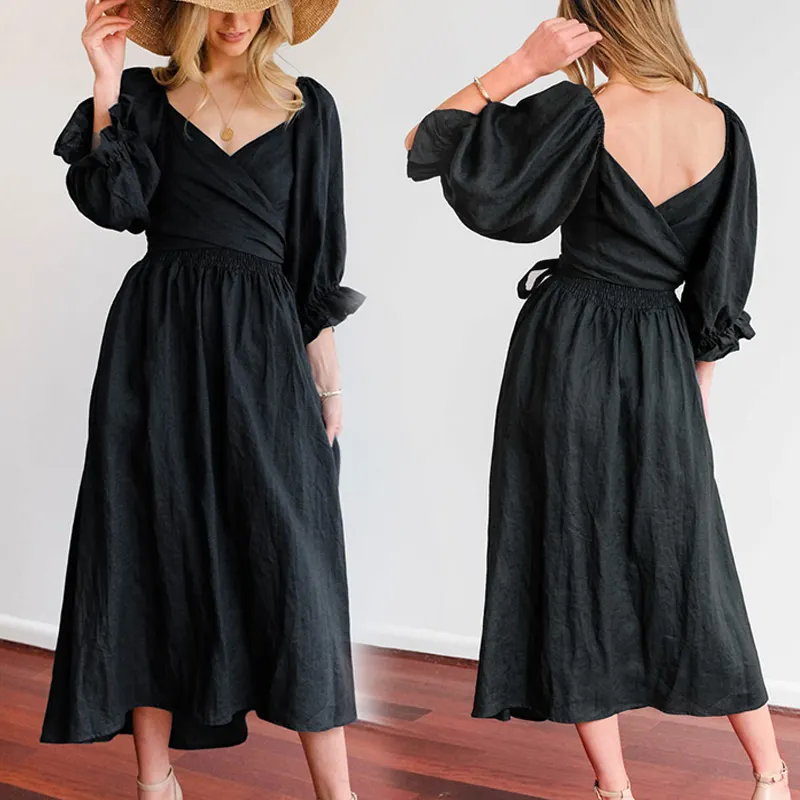 Summer Black Long Dresses Square Neck Cotton Linen Lady Elegant Womens Backless Casual Logo Dress Custom