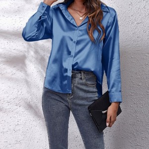 Blus kancing Satin berkilau untuk wanita, atasan sutra lengan panjang kasual kantor bahan Satin berkilau - Product Image 4