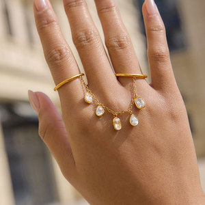 Bague double à pendentif en zircon, en acier inoxydable 316L plaqué or 14k 18k, anti-ternissement, pour doigts - Product Image 3