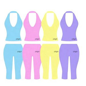 Conjunto Deportivo de 2 Piezas para Mujer, Top Halter y Pantalones Largos, Color Sólido, Tejido de Punto, Spandex y Algodón, Transpirable, para Primavera/Verano - Product Image 1