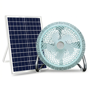 Ventilador de Escritorio con Energía Solar, Luz LED, Rejilla de Malla Azul, Base Negra, 3 Velocidades, Control Táctil, Batería Recargable de CC 13.6V para Uso en Exteriores - Product Image 1