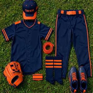 Ensemble uniforme de baseball Tofen Sports bleu marine et orange, maillot à manches courtes boutonné, pantalon, casquette, chaussettes, ceinture, polyester respirant, unisexe - Product Image 1