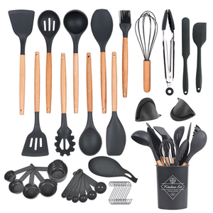 J858 38 pièces accessoires de cuisine en Silicone sans BPA outils de cuisine Cocina ustensiles de cuisine en Silicone avec manche en bois - Product Image 1