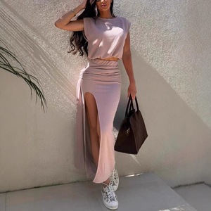 Setelan Wanita 2 Potong, Kasual, Model Draped, Cocok untuk Kerja, Fashionable, Atasan Vest Tanpa Lengan Kerah O dan Rok Belah - Product Image 1