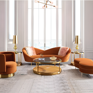<span class=keywords><strong>Canapé</strong></span> Chesterfield 3 <span class=keywords><strong>places</strong></span> incurvé en velours orange brûlé, style moderne, biologique, avec pieds métalliques coniques dorés, pour un intérieur chaleureux et rustique, idéal pour hôtels et salons. - Product Image 4