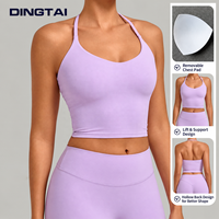 Haut de yoga Dingtai Halter à décolleté plongeant et dos ouvert pour femme, sans manches, avec coussinets amovibles, couleur unie, anti-humidité, vêtement de sport