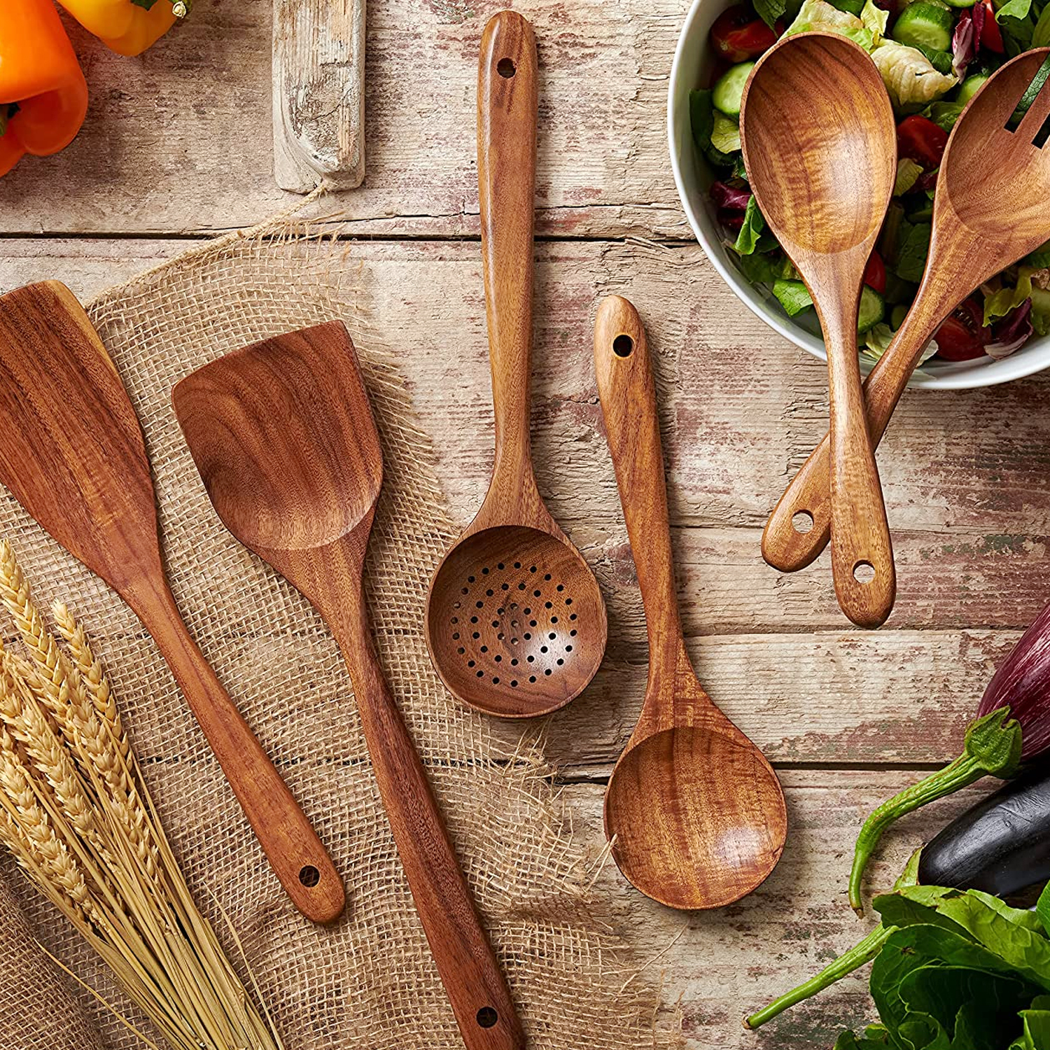 Wholesale Cooking Utensils Durable Eco-friendly Cookware 6 Piece Teak Wooden Kitchen Utensils Set with Holder and Spoon Rest · image 4