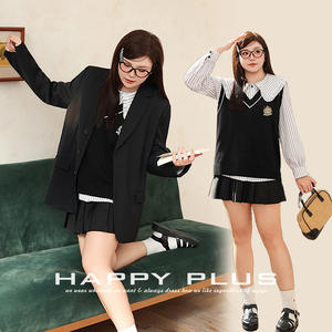 Ensemble de costume en twill pour femmes grande taille N8235, veste noire, gilet en tricot, jupe mini plissée, style preppy, vêtements décontractés - Product Image 5