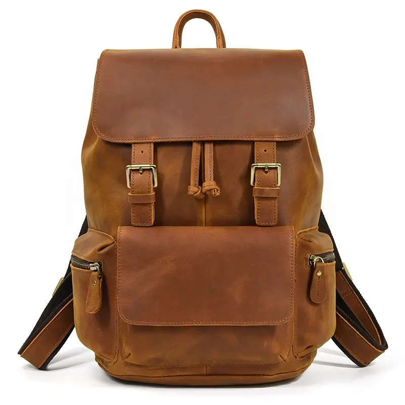 High Quality Brown Backpack Stylish Simple Men Genuine Leather 16 Inch School Bag For Outdoor