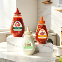 Bouteille en plastique transparente pour miel et moutarde, avec bec verseur anti-goutte et couvercle refermable, personnalisable avec logo, pour service de table en restaurant (vente en gros)