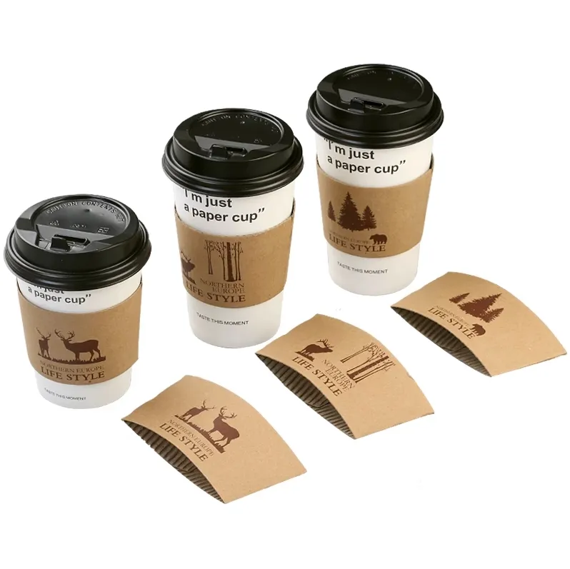 Custom Logo Zijn Biologisch Afbreekbaar Een Keer Kraft Koffie Sap Warmte Isolatie Papier Cup Set Cup Mouwen