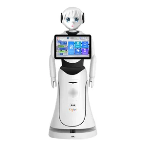 Intelligent realistic looking android greeting robot for restaurants