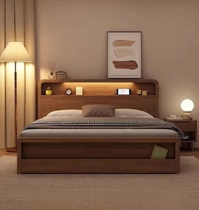Letto <span class=keywords><strong>in</strong></span> <span class=keywords><strong>Legno</strong></span> Massello di Alta Qualità con Testiera Illuminata a LED, Design Nordico Moderno e Semplice, Disponibile <span class=keywords><strong>in</strong></span> Misure Matrimoniale, King e Queen per Camera da Letto - Product Image 1