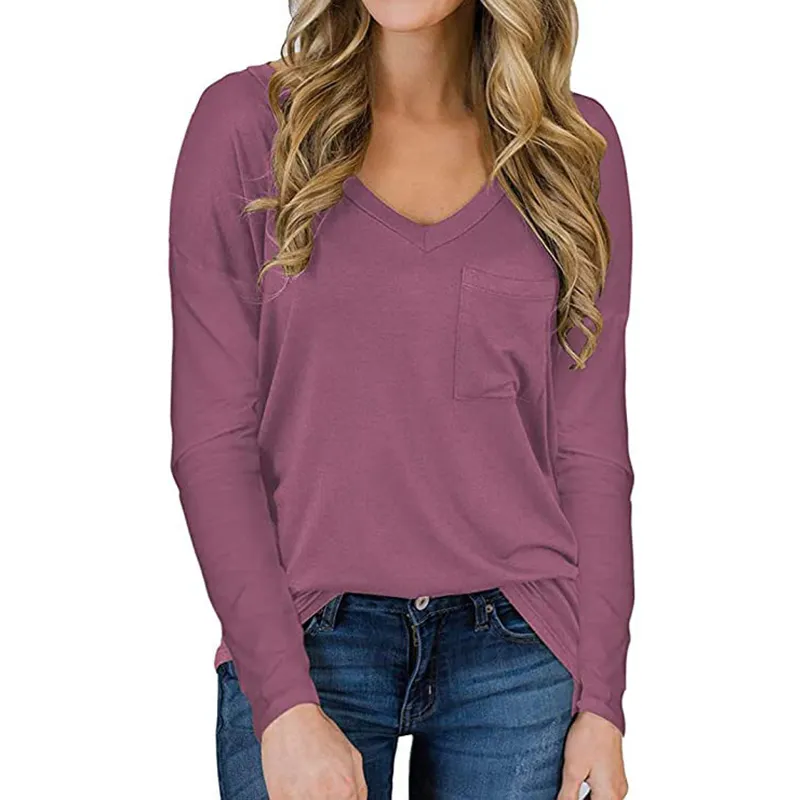 लंबी बांह की टी शर्ट महिलाओं आकस्मिक ठोस रंग टी के लिए जेब के साथ फैशन गर्मियों वी गर्दन टी देवियों स्वेटर में सबसे ऊपर