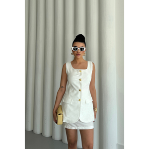 Conjunto de Traje de Lino Jacquard para Mujer - Chaleco Blanco y Falda Corta, Elegante y con Estilo - Product Image 3