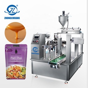 Stand Up Quad Seal Bag Filling Bagging Paste Chutney Stir Fry Simmer Hot Pot Chilli Sauce Liquid Premade Pouch Packing Machine