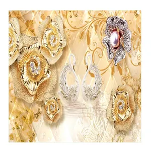 KOMNNI personnalisé mode romantique peler et coller murale bijoux diamant lac des cygnes or fleurs papier peint européen de luxe papier peint