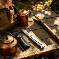 Couteau à radis mécanique à gravité tout en acier, portable, avec étui en cuir noir, manche en bois, pour adulte, EDC, haute dureté, OEM