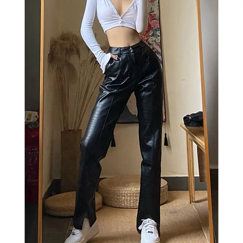 NVFelix 90s Hot Sale Black Crocodile Pu Leather Pants For Women High Waisted Bell Bottoms Slim Boot Cut Leather Pants