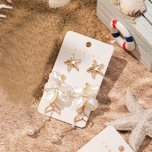 Juego de Aretes de Moda, Chapados en Oro, con Dijes en Forma de Estrella de Mar y Concha, Venta al por Mayor de Fábrica, Aretes Económicos para Mujer - Product Image 6