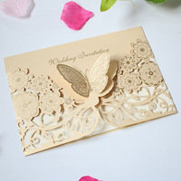Carte d'invitation de mariage style européen avec découpe papillon, en papier dentelle doré, pour fête prénuptiale