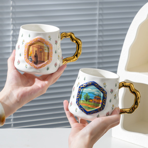 Ensemble de tasses à café en céramique avec poignée dorée, motif peinture à l'huile, pour cadeaux en gros, ensemble cadeau de tasses, tasse à boire personnalisée - Product Image 5