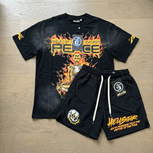 280gsm Heavyweight Digital Printed Knitted T Shirt Shorts Set Custom Graphic Print Vintage Y2K Streetwear Mens 2 Piece Short - Product Image 2
