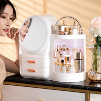 Boîte de rangement cosmétique avec lumière LED, organisateur de maquillage de bureau avec miroir et lumière LED, voyage