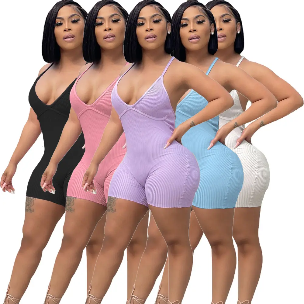 Defeng kadın giyim yaz kısa Set düz renk özel Logo şerit kolsuz tek parça Backless Bodycon seksi tulum