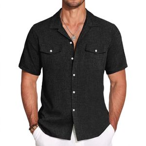 Nouvelle <span class=keywords><strong>chemise</strong></span> d'été en lin pour <span class=keywords><strong>homme</strong></span>, <span class=keywords><strong>chemise</strong></span> à manches courtes unie en lin et lin pour jeune <span class=keywords><strong>homme</strong></span> avec col à revers - Product Image 1