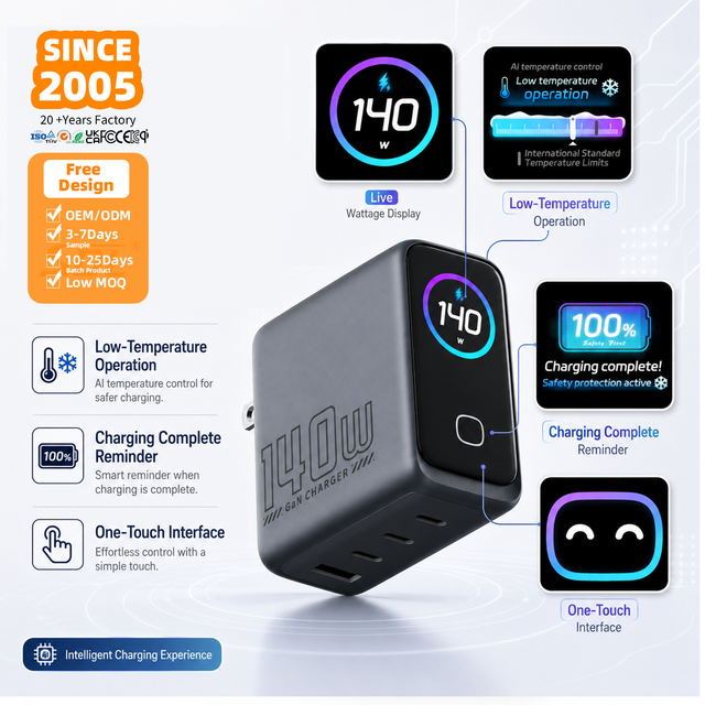 Wholesale 140W GaN Charger 3 Port USB C Fast Smart Display Foldable Low Temperature Touch Control Adapter