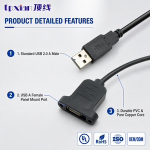 Câble USB <span class=keywords><strong>2</strong></span>.0 personnalisé mâle-femelle à montage sur panneau avec verrouillage par vis, extension de synchronisation de données haute vitesse, câble blindé RoHS - Product Image 2